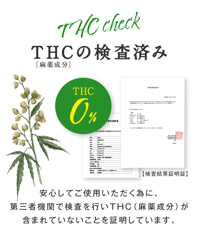 THCの検査済み。THC0%を証明しています。