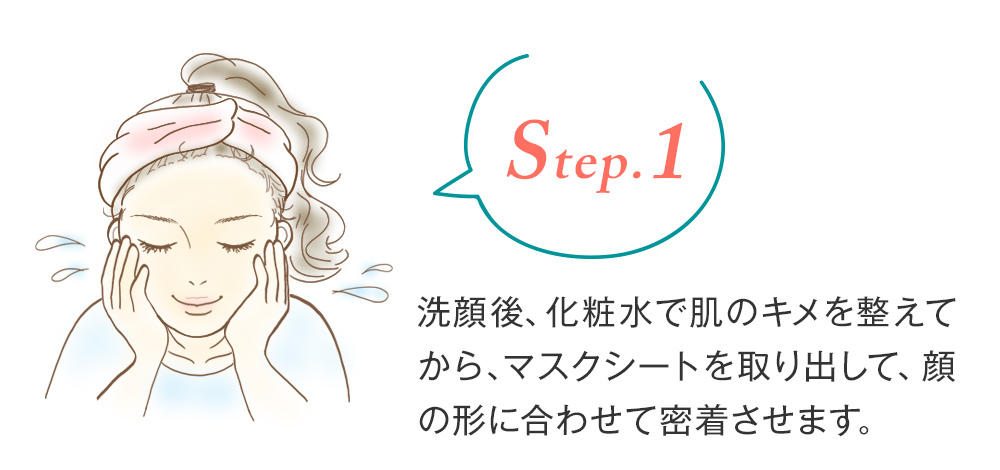 ステップ1.洗顔後、化粧水で肌のキメを整えてから、マスクシートを取り出して、顔の形に合わせて密着させます。
