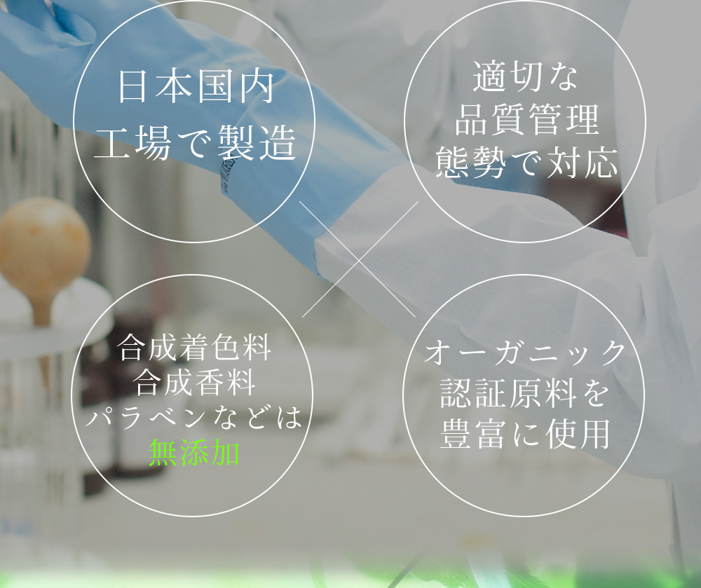 日本国内工場での製造ｘ適切な品質管理態勢で対応ｘ合成着色料・合成香料・パラベンなどは無添加ｘオーガニック認定原料を豊富に使用