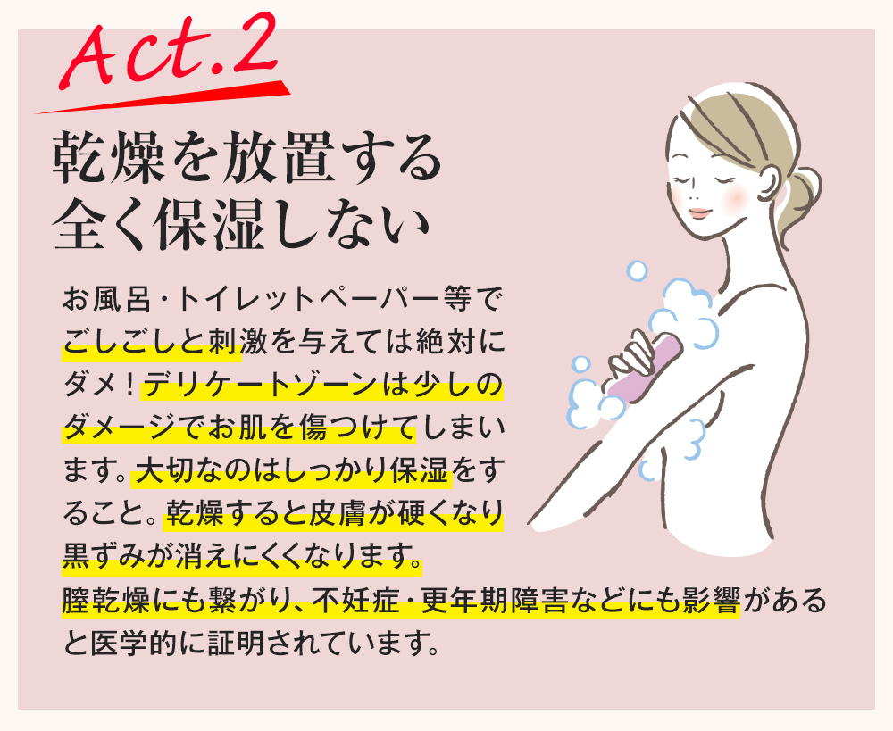 Act.2 乾燥を放置する全く保湿しない お風呂・トイレットペーパー等でごしごしと刺激を与えては絶対にダメ！デリケートゾーンは少しのダメージでお肌を傷つけてしまいます。大切なのはしっかり保湿をすること。乾燥すると皮膚が硬くなり黒ずみが消えにくくなります。膣乾燥にも繋がり、不妊症・更年期障害などにも影響があると医学的に証明されています。