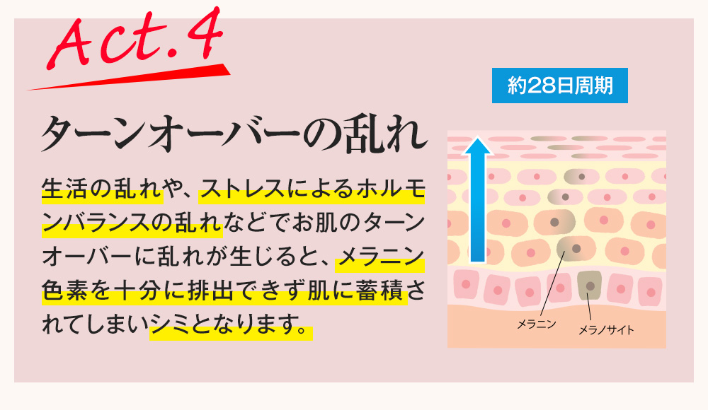 Act.4 ターンオーバーの乱れ 生活の乱れや、ストレスによるホルモンバランスの乱れなどでお肌のターンオーバーに乱れが生じると、メラニン色素を十分に排出できず肌に蓄積されてしまいシミとなります。