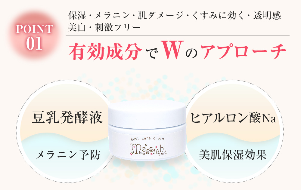 保湿・メラニン・肌ダメージ・くすみに効く・透明感　有効成分でWのアプローチ　豆乳発酵液　メラニン予防　ヒアルロン酸Na　美肌保湿効果