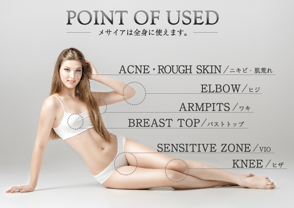 メサイアは全身に使えます。　使用部位　ニキビ・肌荒れ　ヒジ　ワキ　バストトップ　VIO ヒザ