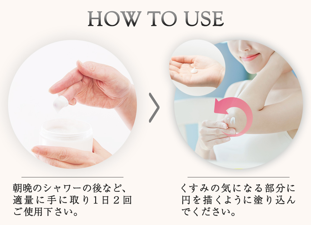 使用方法　朝晩のシャワーの後など、適量に手に取り１日２回ご使用下さい　くすみの気になる部分に    円を描くように塗り込んでください。