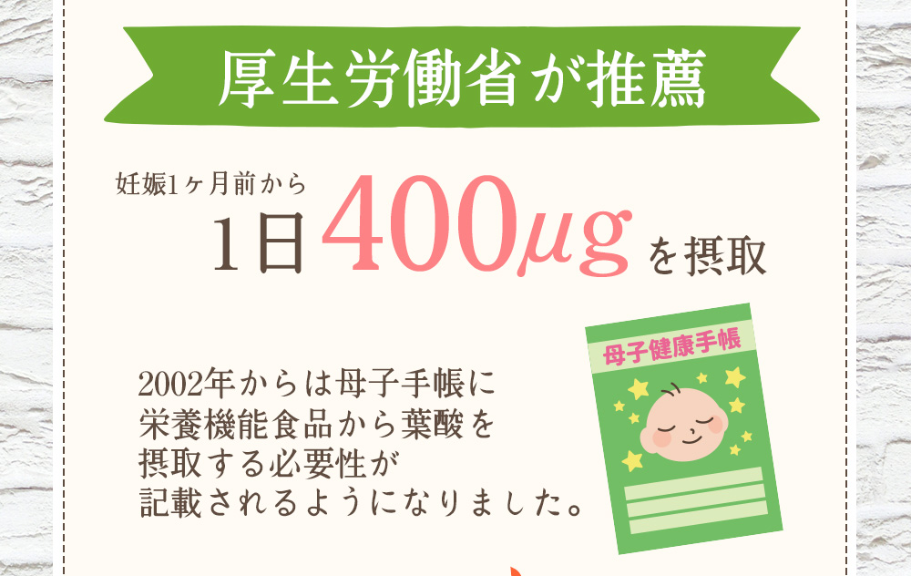 厚生労働省が推薦。妊娠1ヶ月前から1日400μgを摂取